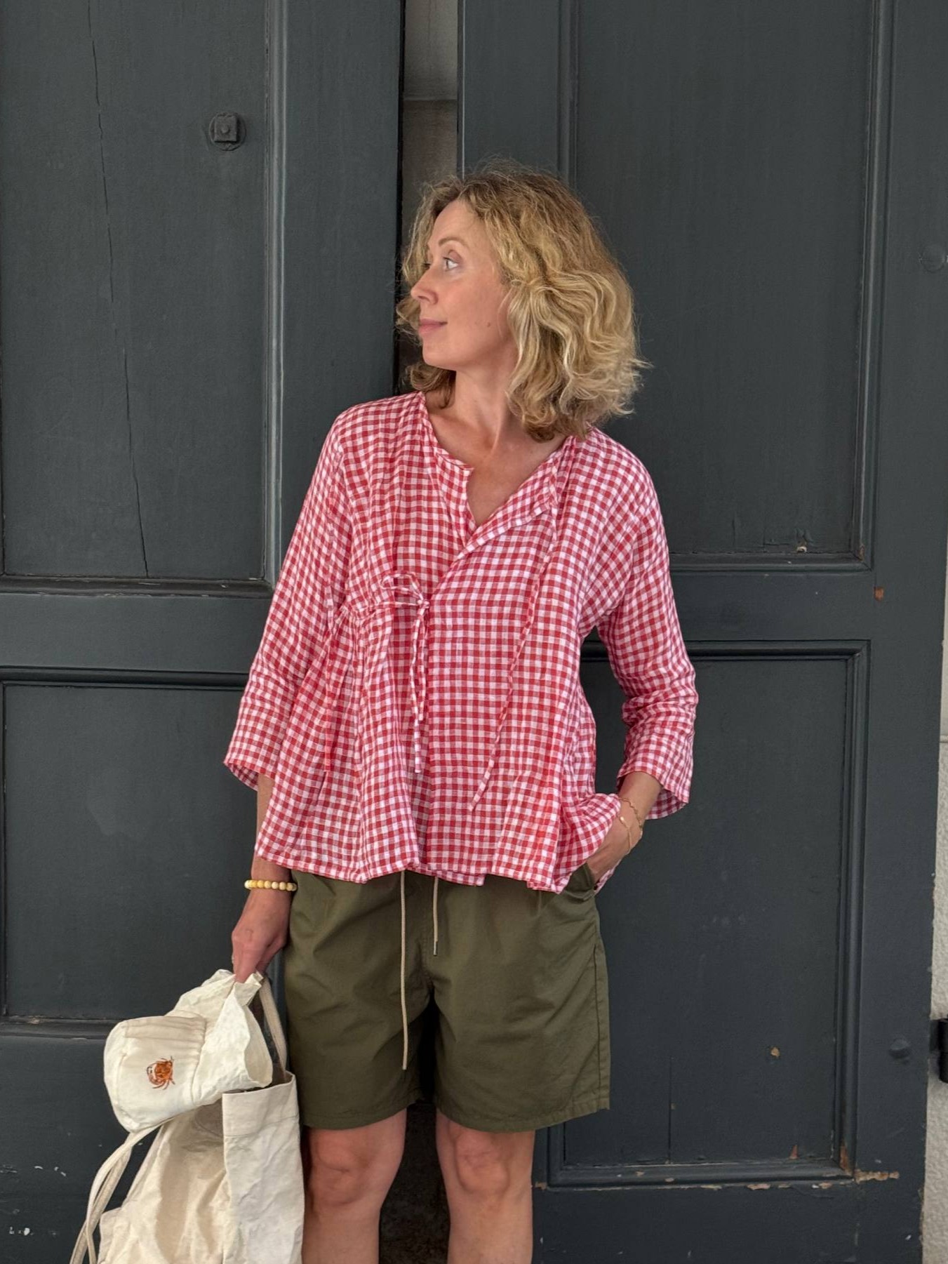 Veritecoeur Gingham Check Wrap Blouse